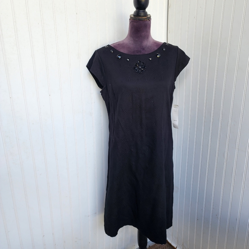 NWT $70 Another Thyme Black Beaded Cap Sleeve Dress Womens Textured Cotton Sz 12